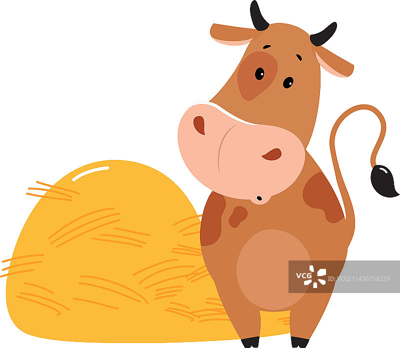 可爱快乐的棕色奶牛和干草堆，可爱的农场图片素材