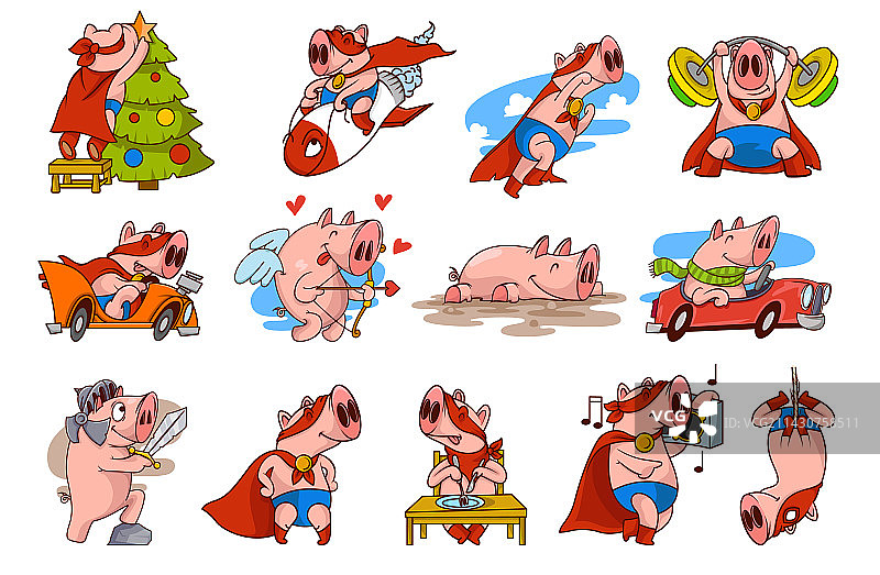 穿红色超级英雄斗篷和面具的粉红猪图片素材