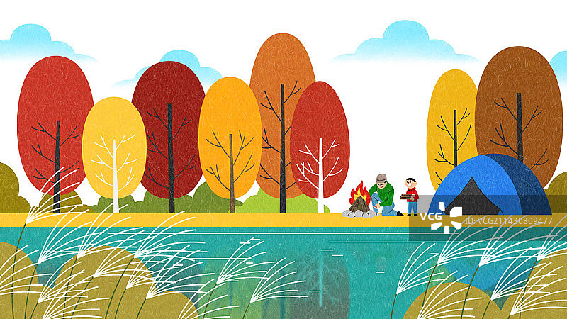 父子享受篝火露营插画图片素材