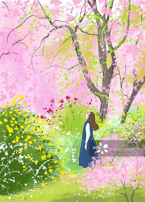 春天少女插画花丛花树手绘插图感受春天手绘图片素材