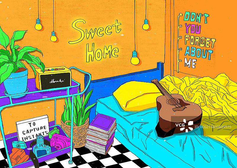 带有吉他的卧室插画图片素材