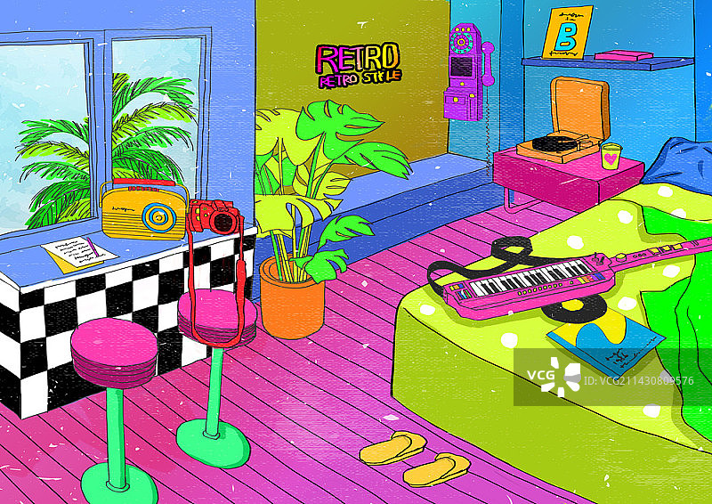 卧室吉他、唱片机、收音机和相机插画图片素材