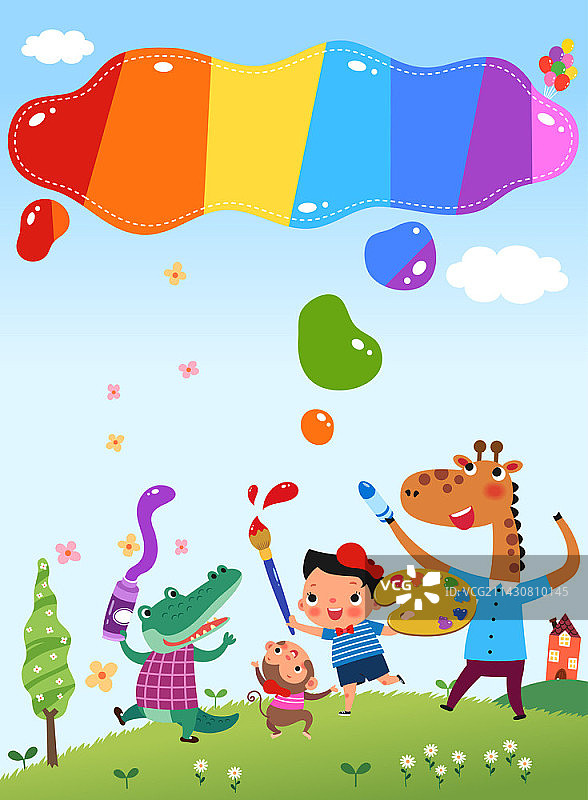 男孩和动物在草地上玩颜料矢量插画图片素材