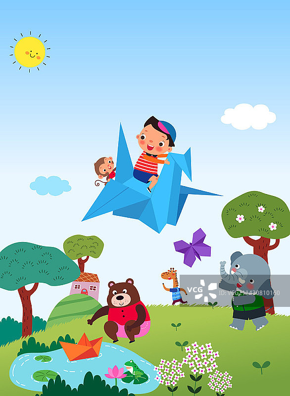 男孩和动物在草地上玩耍的矢量插画图片素材