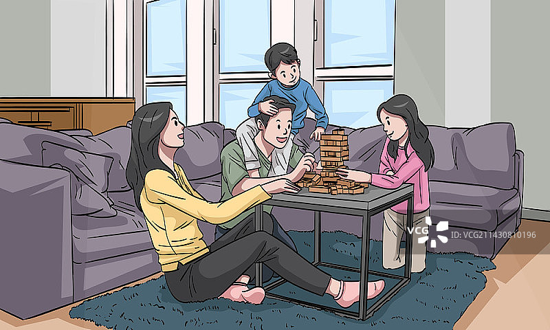 一家人在客厅里玩棋盘游戏的矢量插画图片素材