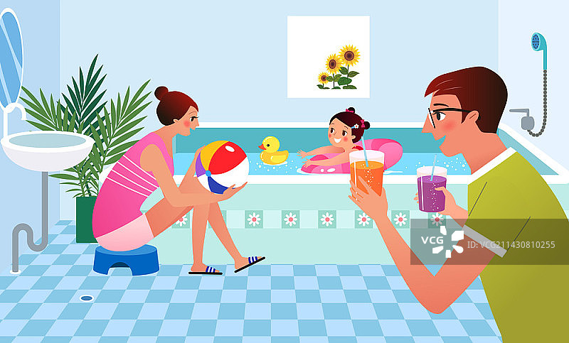 女孩和父母在浴缸里游泳的矢量插画图片素材