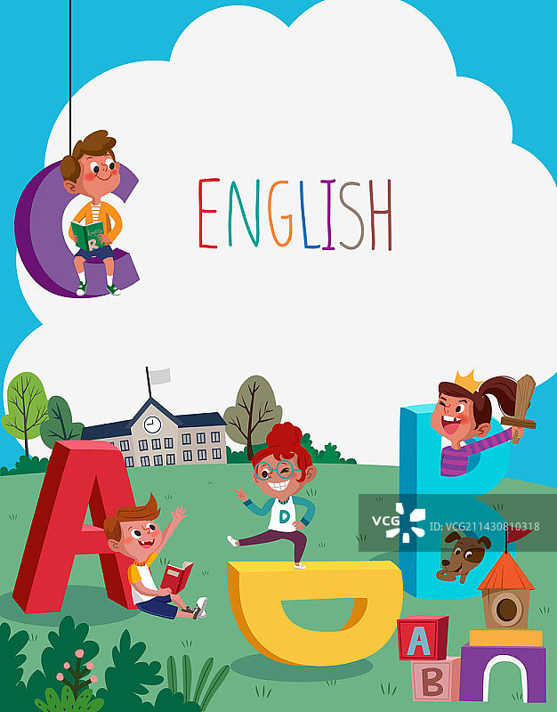 孩子们在草地上玩字母矢量插画图片素材