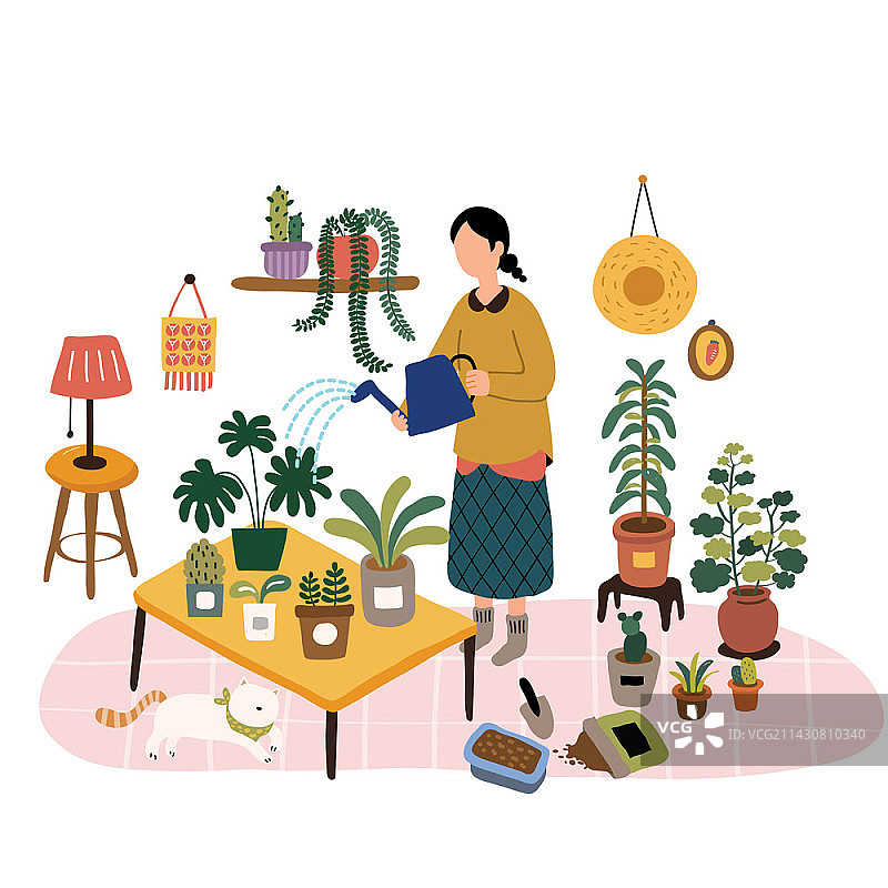 浇灌植物的女人矢量插画图片素材