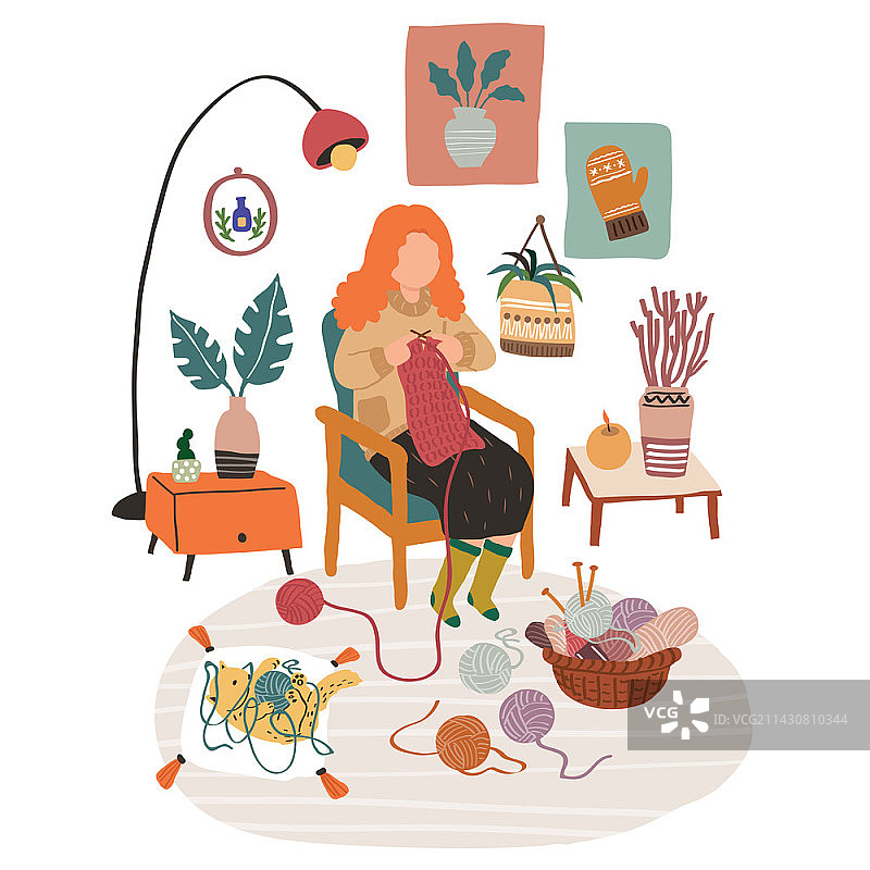 在椅子上编织的女人矢量插画图片素材