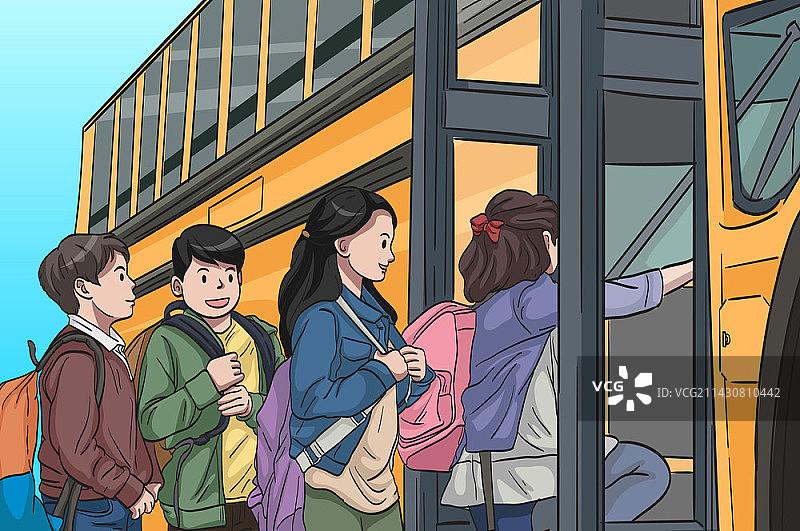 儿童乘坐校车矢量插画图片素材