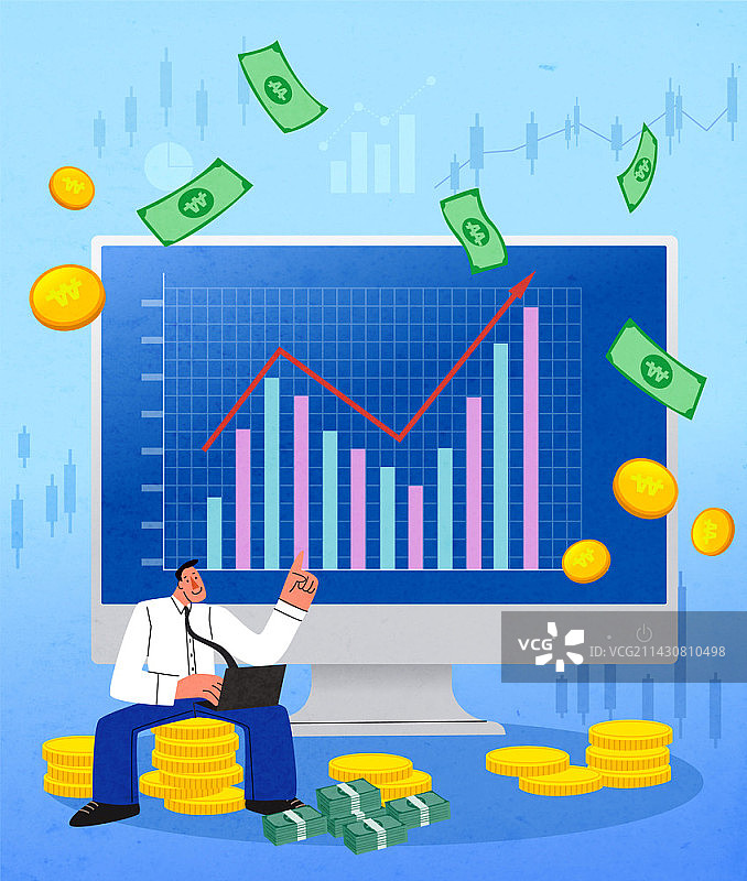 带有股票图表和硬币的商人矢量插画图片素材