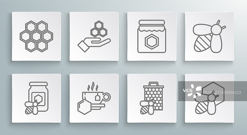 蜂蜜罐与蜜蜂蜂巢线条设计图片素材