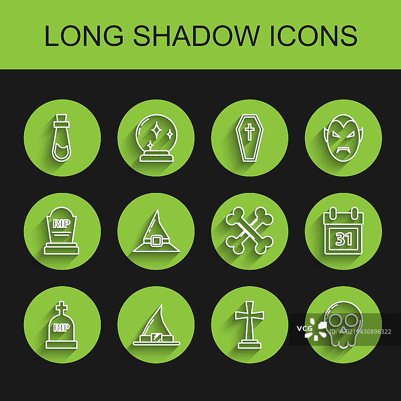 带裂口的墓碑、巫婆帽、瓶子线条图标图片素材