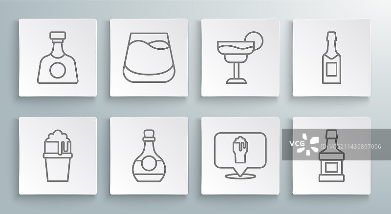 啤酒杯、威士忌酒瓶与干邑白兰地线条组合图片素材