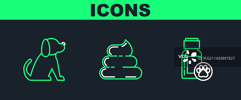 宠物狗药瓶粪便图标线条套装图片素材