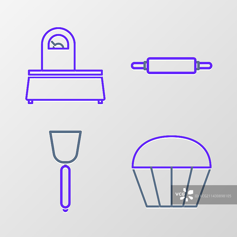 松饼、刮刀、擀面杖和厨房秤图片素材