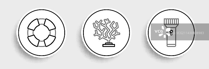 手电筒、救生圈和珊瑚图标组合图片素材