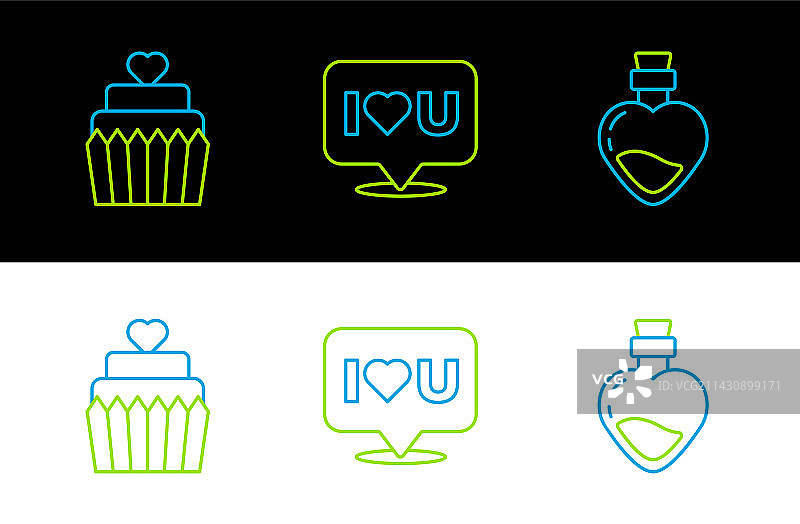 爱心药水瓶与结婚蛋糕线条组合图片素材