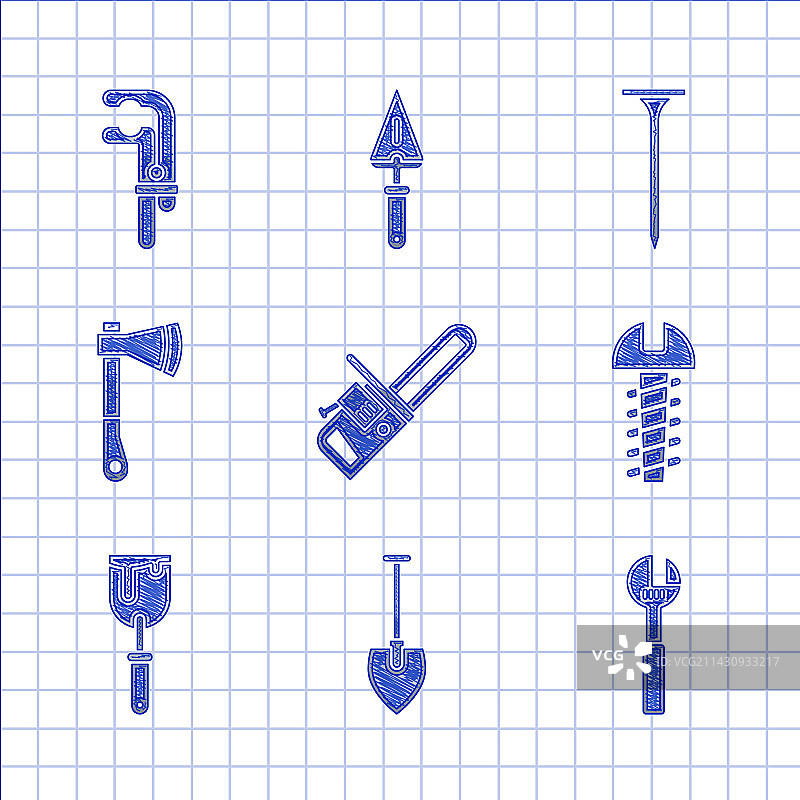 链锯铁锹可调节扳手金属套装图片素材
