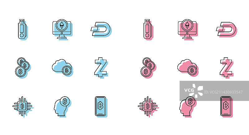 线性图标CPU挖矿农场比特币U盘图片素材