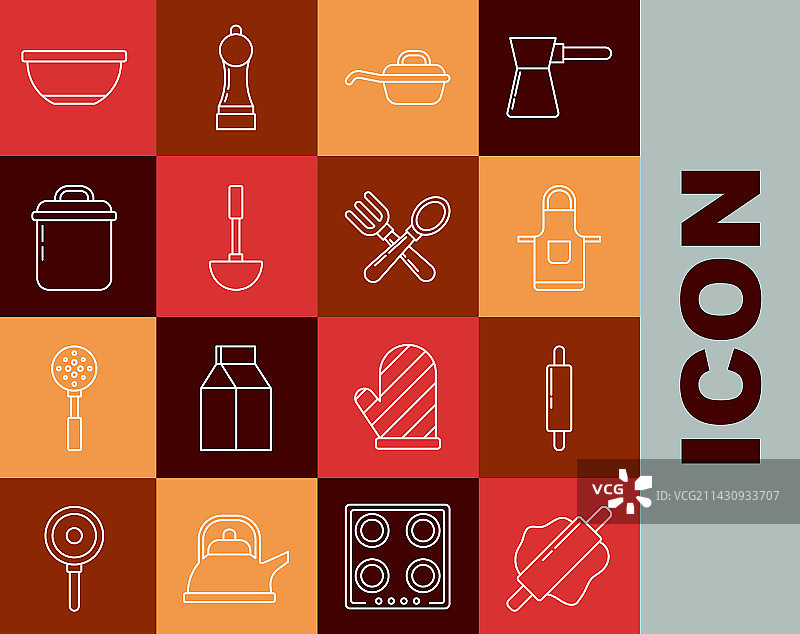 擀面杖厨房围裙煎锅线条图片素材