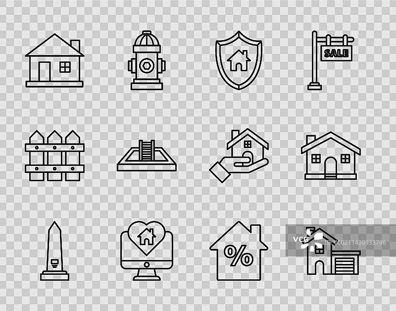 华盛顿纪念碑、带盾牌的房子等线条图标图片素材