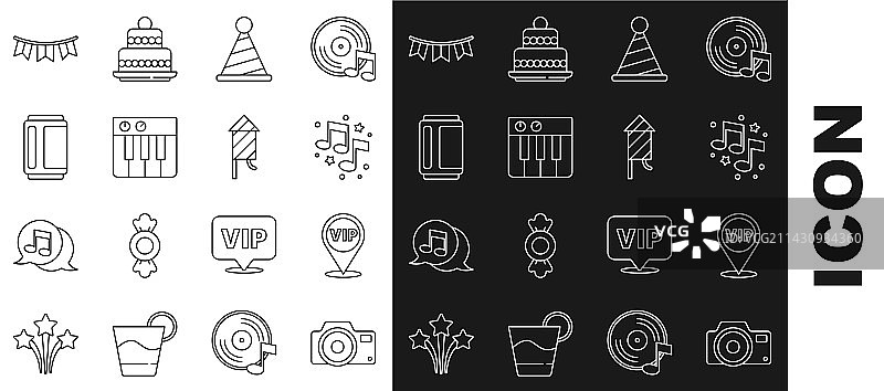 摄影器材线条图标：相机、VIP位置、音符等图片素材