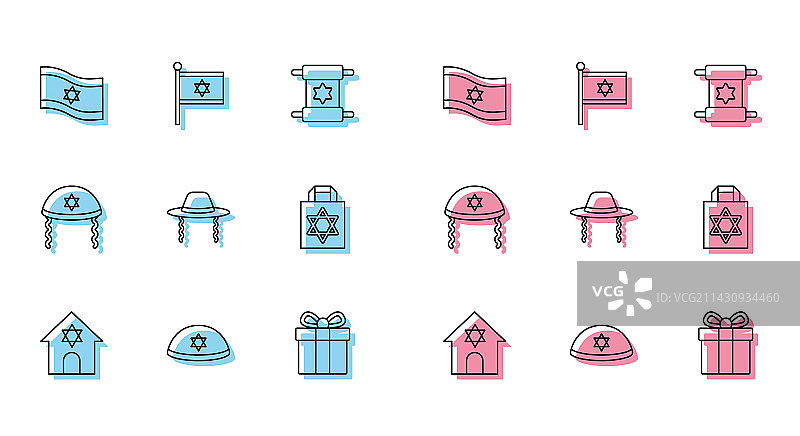 犹太教堂、犹太小帽、以色列国旗线条icon图片素材