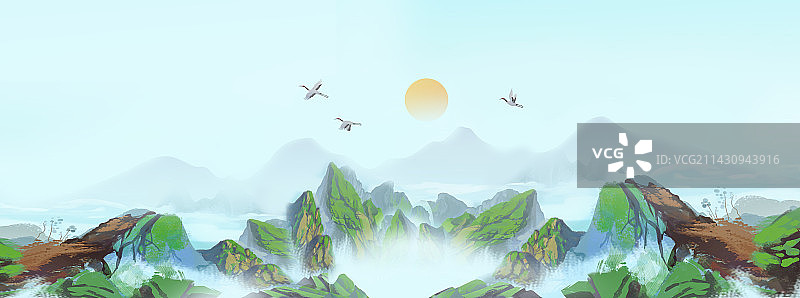 中国风水墨山水画场景插画背景图片素材