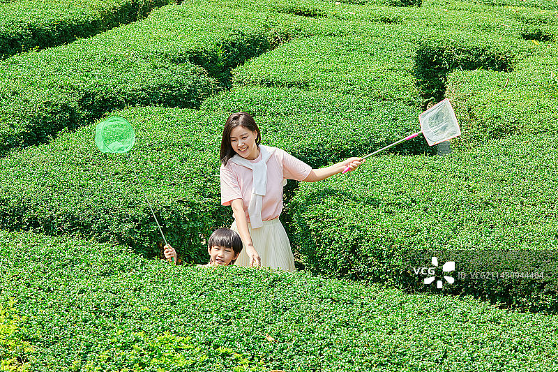 在森林迷宫里穿梭的母子图片素材