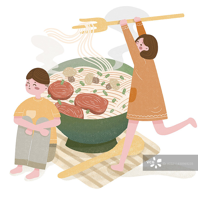 扁平化水彩手绘风插画男孩女孩一起吃牛肉面图片素材