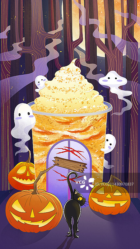 扁平风插画万圣节饮品屋南瓜灯小精灵黑猫派对图片素材