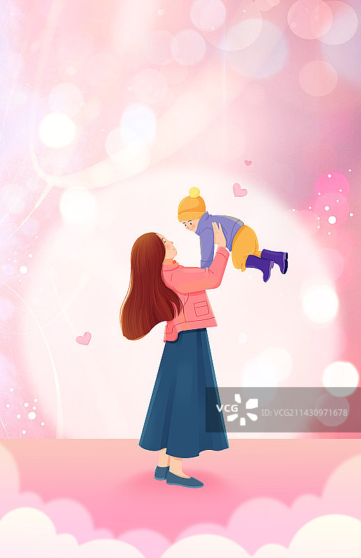 母亲节亲子母女儿童母亲抱孩子清新插画图片素材