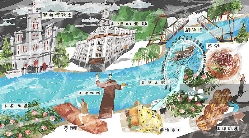 天津地标建筑和美食文化插画图片素材