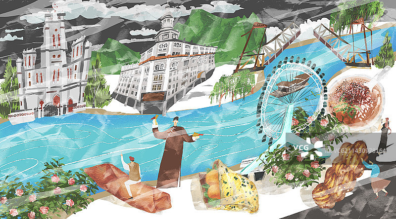 天津地标建筑和美食文化插画图片素材