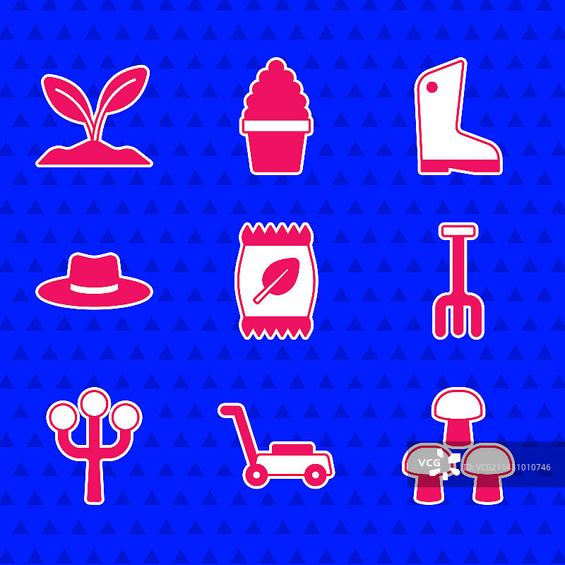 肥料袋、割草机、蘑菇等园艺元素套装图片素材