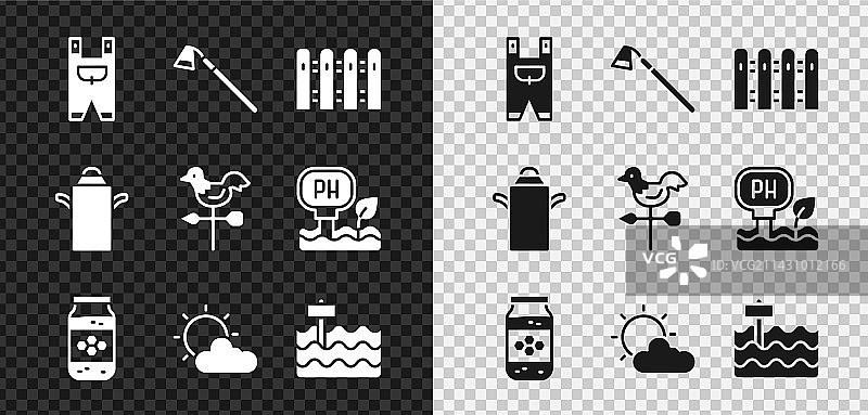 园艺工人服装锄头栅栏木罐套装图片素材