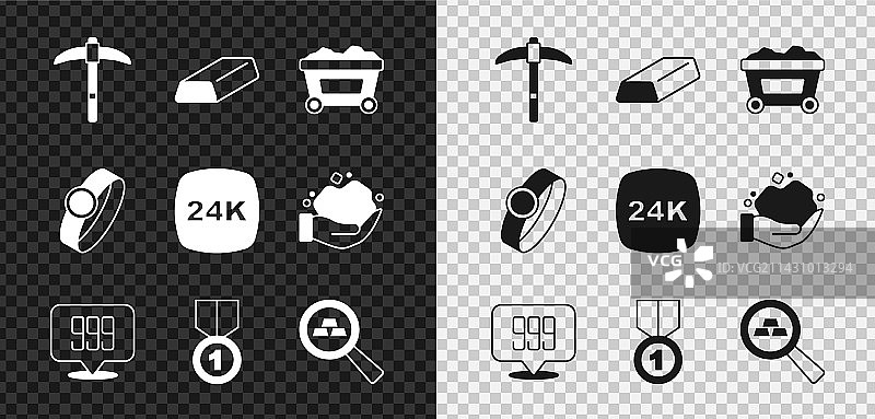 矿镐、金条、矿车与24K金图片素材