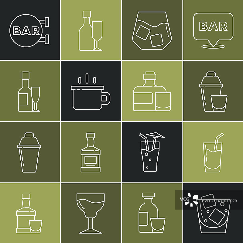 威士忌鸡尾酒摇壶酒杯线条组合图片素材