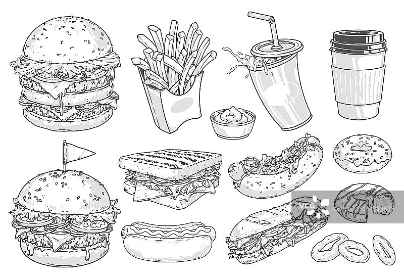 快餐食品套餐单色标签图片素材