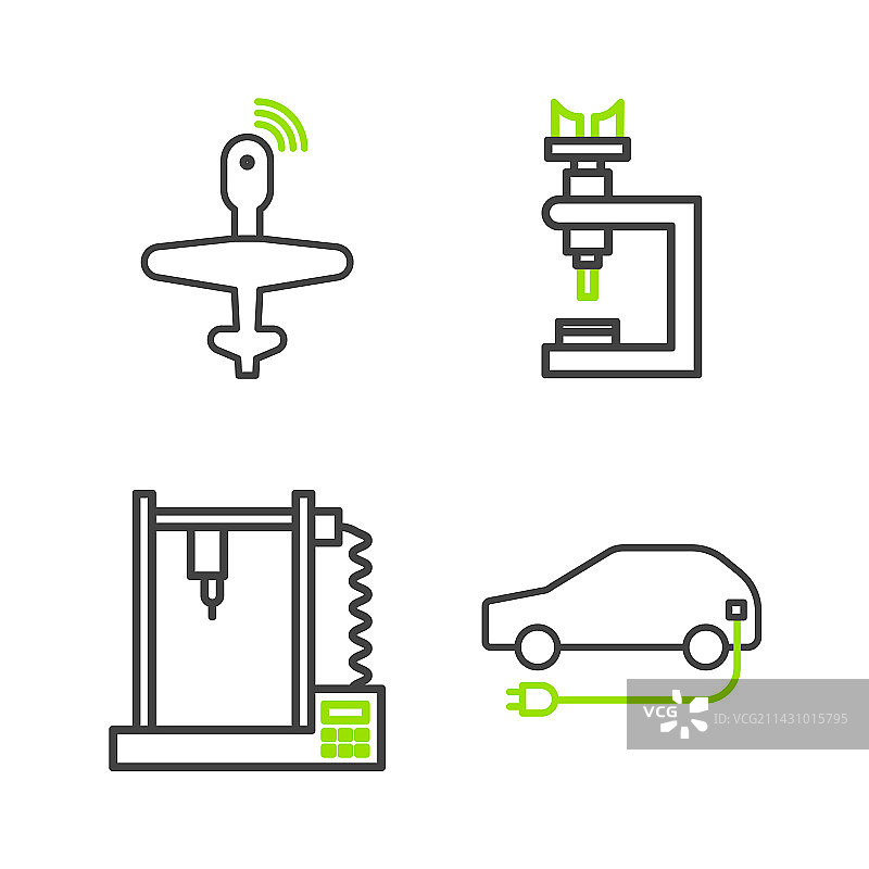 电动汽车、3D打印机和显微镜组合图片素材