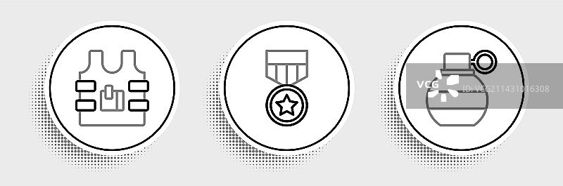 手榴弹、防弹背心等军事装备线条图标图片素材