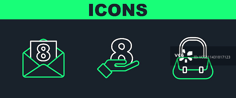 手提包、信封与3月8日元素的线条集合图片素材