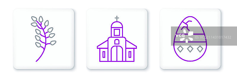 裂鸡蛋柳叶和教堂线条图标图片素材