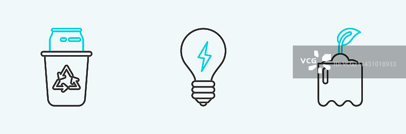 瓶中芽苗、带回收标志的垃圾桶线条元素图片素材