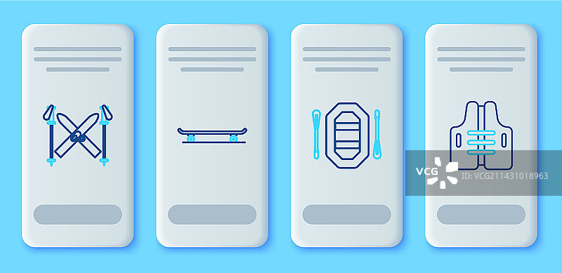 滑板、漂流船、滑雪板和滑雪杖线条组合图片素材