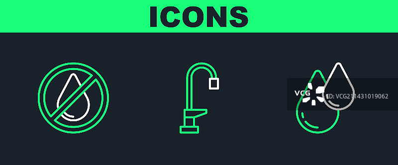 水滴、禁止标志和水龙头线性图标图片素材