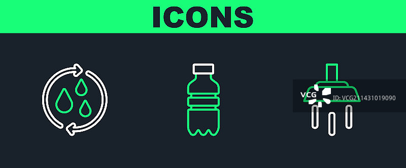 淋浴、回收清洁用水和水瓶组合图片素材