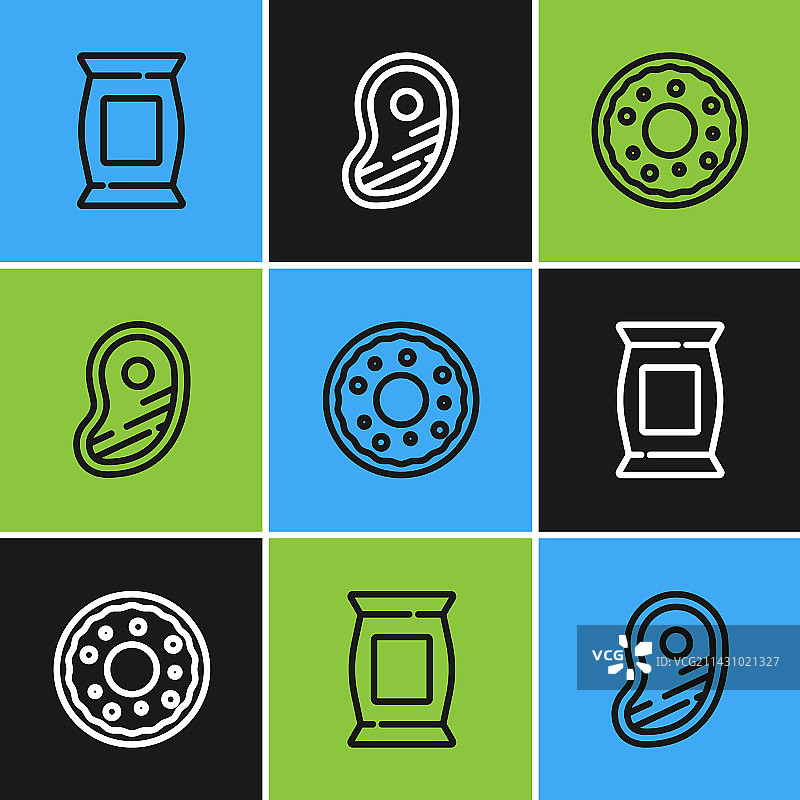 袋装或包袋装薯片和甜甜圈线条图片素材