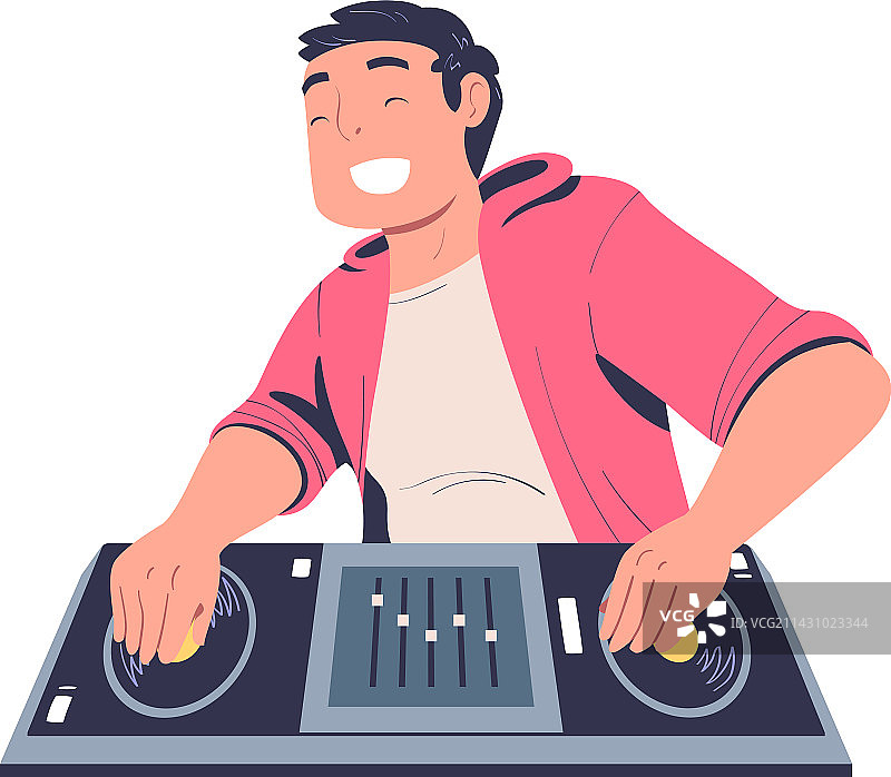 男DJ在调音台播放音乐并微笑图片素材